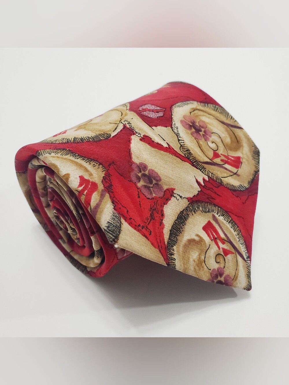 J. Garcia Men's Silk Neck Tie Red Abstract Pattern 59x3.75" Snail Garden